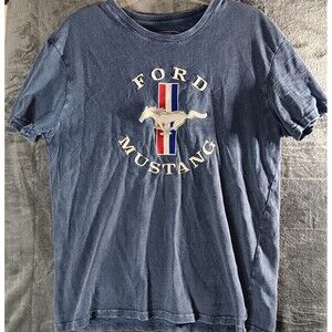 Lucky Brand Mens T Shirt Medium Ford Mustand Car Blue Cotton Embroidered